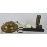 A Victorian ceramic Pull chain, a military brass inkwell, antique scissors and weight.