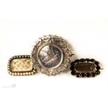 A yellow metal mourning brooch, engraved May Horne aged 94, 1881, set with seed pearls together with