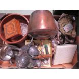 A miscellaneous group of copper, silver plate and treen box and bowl etc.