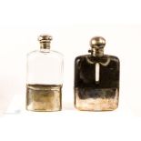 A silver top glass hip flask and a JD&S leather and silver plated hip flask.