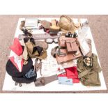 A large group of miscellaneous military collectables to include: binoculars, leather pouches,