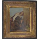 A late 18th/early 19th oil on canvas depicting a man seated and holding a harp.