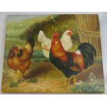 An unframed painting of two chickens and a cockerel.