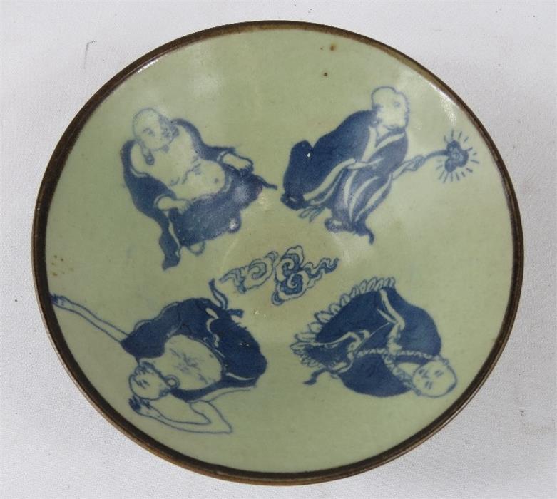 A Chinese celadon glazed bowl, depicting figures, six character mark to base - Image 3 of 4
