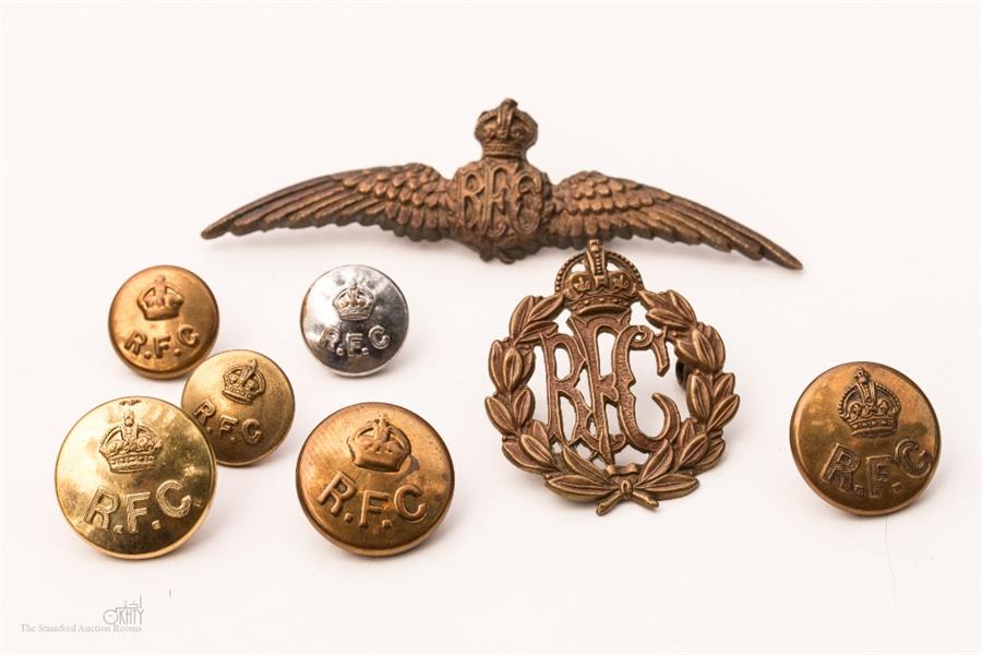 WWI Royal Flying Core wings, cap badge, buttons.