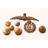 WWI Royal Flying Core wings, cap badge, buttons.