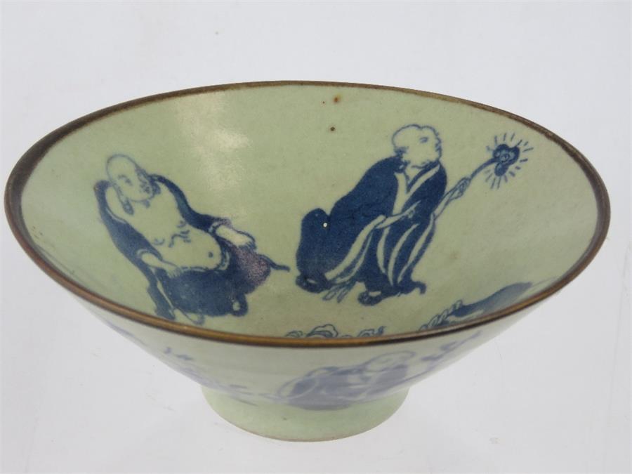 A Chinese celadon glazed bowl, depicting figures, six character mark to base - Image 2 of 4