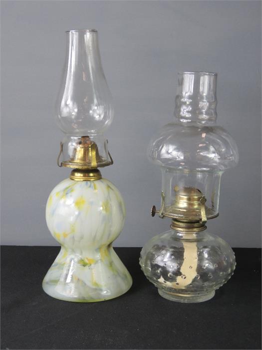 Two Victorian glass and brass oil lamps, one with mottled glass. - Image 2 of 3