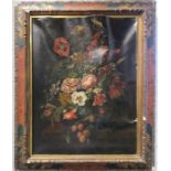 A 17th century style oliograph, Dutch still life of flowers in a gilt and painted frame.