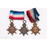 Three 1914/15 Star medals 2990 PTE CA Perkins 20 London R, 97524 Dvr., F Bliss RFA., 99633 Gnr., C