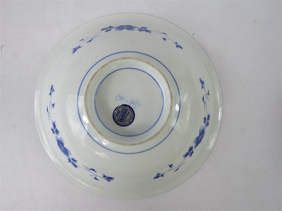 A Japanese Fukagawa porcelain dish with original label and character mark, blue and white. - Image 3 of 3