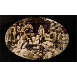 An oval hand painted enamelled plaque depicting a tiger hunt, 15cm long, 10cm wide.