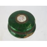 A Victorian enamel box with painted portrait miniature of woman wearing bonnet to the centre.