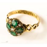 An 18ct gold, emerald and seed pearl ring, size M/N, 1.7g.