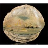 A hand painted mother of pearl shell depicting HMS Balmoral Castle with The Duke & Ducess of