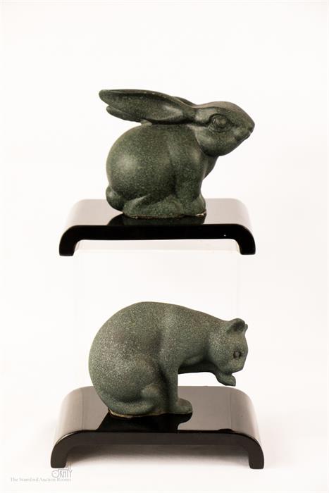 A Franklin Mint cat and rabbit, both raised on perspex black stands, circa 1980. - Image 2 of 2