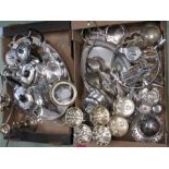 A group of silver plate to include oval tray, tea pot, glasses, pair of candlesticks etc. (2 boxes)