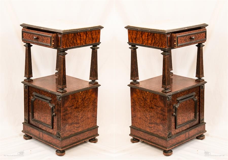 A pair of French burr yew and ebony pot cupboards, with white marble tops, 87 by 44 by 39.