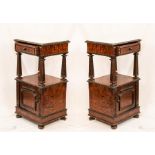 A pair of French burr yew and ebony pot cupboards, with white marble tops, 87 by 44 by 39.
