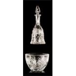 A cut crystal decanter and cut glass bowl.