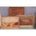 Three oil on canvas landscapes, one circa 1900, figures to the fore of a mountain landscape.