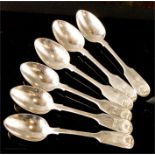 A set of six silver spoons with scallop shell motifs, and engraved initials, 5.89toz.