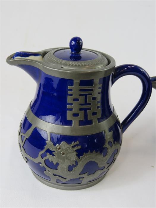 A Chinese ceramic and pewter tea set, circa 1920s, comprising teapot, hot water pot, cream and sugar - Image 2 of 3