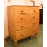 A Victorian pine chest of drawers, two over three long graduated drawers, raised on turned feet.