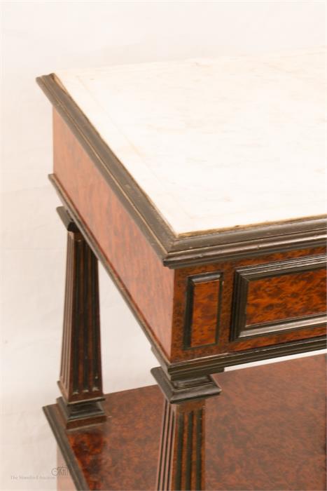 A pair of French burr yew and ebony pot cupboards, with white marble tops, 87 by 44 by 39. - Image 2 of 6