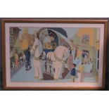 Tom Gentleman, lithograph, 1940s school print titled Grey Horses.