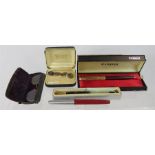 A pair of pince nez, Royal Artillery cuff links, boxed Parker pen, and Parker pen with 14ct gold nib