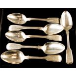 A set of six silver dessert spoons with engraved stag motif, 10.94toz.