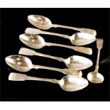 A set of six silver tea spoons, engraved with initials and a sauce spoon, 4.21toz.