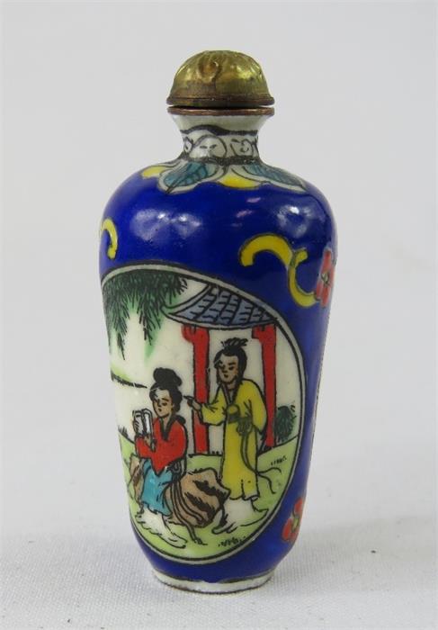 A Japanese enamel snuff bottles, scenes of ladies at leisure.