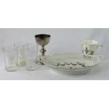 A WWI German memorial basket, glass beakers of WWII leaders, military silver plated communion cup.