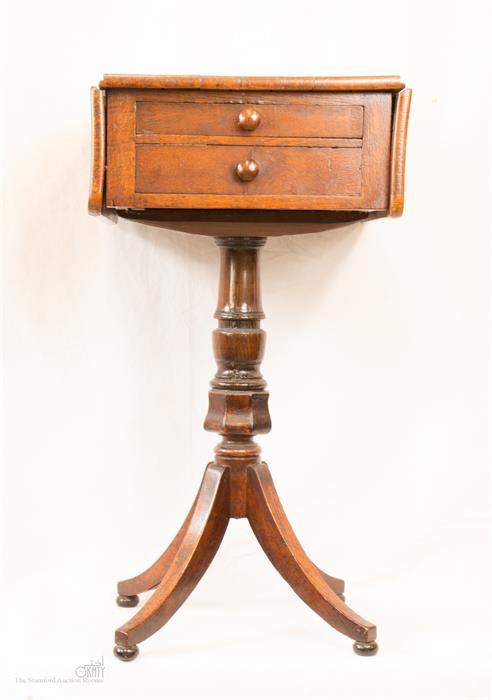 A 19th century oak work table with two drawers, turned column and four splayed legs. - Image 2 of 6