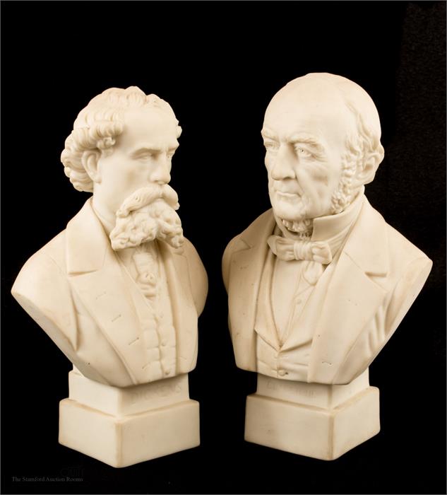 A Gladstone and Dickens bisque model busts, R&L impressed to the back.