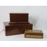 A mahogany work box, letter box and mother of pearl inlaid box.