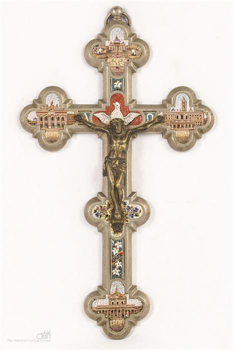 An Italian micromosaic crucifix, depicting places of pilgrimage in Rome.