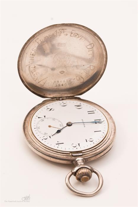 A white metal Zenith pocket watch, with inscription to Flight Sgt. Jones from 1st Egypt Detachment - Image 2 of 2