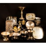 A group of collectables to include gilt glass goblet, silver plated trays, cups, a pair of silver