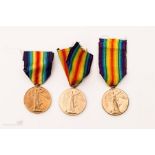 Three WWI Victory medals, 3839 PTE W Harrison Northumberland Fusiliers, 265732 PTE W J Riley, Lanc