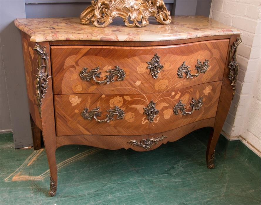 A French marquetry bombe commode, with shaped marble top, 88 by 121cm. - Image 9 of 12