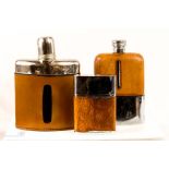 Three silver plated and leather bound hip flasks.