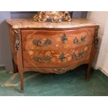 A French marquetry bombe commode, with shaped marble top, 88 by 121cm.