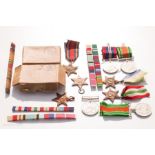 Various WWII medals, boxes, ribbon bars, Atlantic, Italy Star etc.