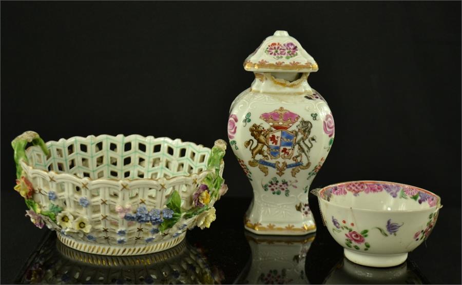 A porcelain basket, possibly Meissen, together with Chinese lidded jar and tea bowl. (3)