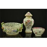 A porcelain basket, possibly Meissen, together with Chinese lidded jar and tea bowl. (3)