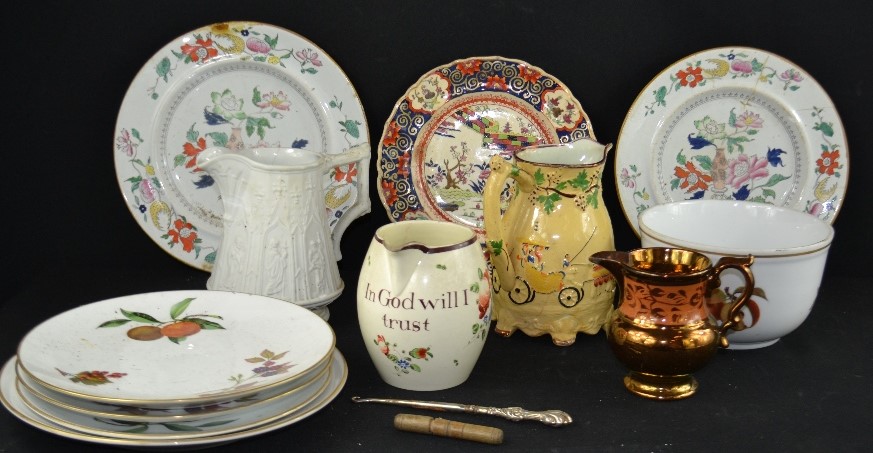 A group of ceramics including lustre jug, Royal Worcester Evesham pattern plates, Victorian plates