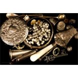 A quantity of silver to include a Victorian rattle, bangle, salt spoon.